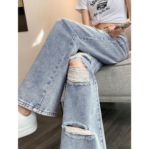 ダメージ デニムパンツ レディース着やせ ハイウエスト デニム セミワイドパンツ カジュアル ジーンズ おしゃれ 美脚ジーパン ウォッシュ加工 ストレートデニム夏 6LYNZ-001