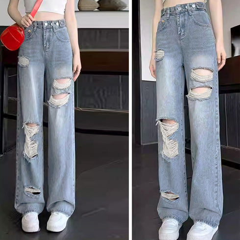 ダメージ デニムパンツ レディース着やせ ハイウエスト デニム セミワイドパンツ カジュアル ジーンズ おしゃれ 美脚ジーパン ウォッシュ加工 ストレートデニム夏 6LYNZ-001