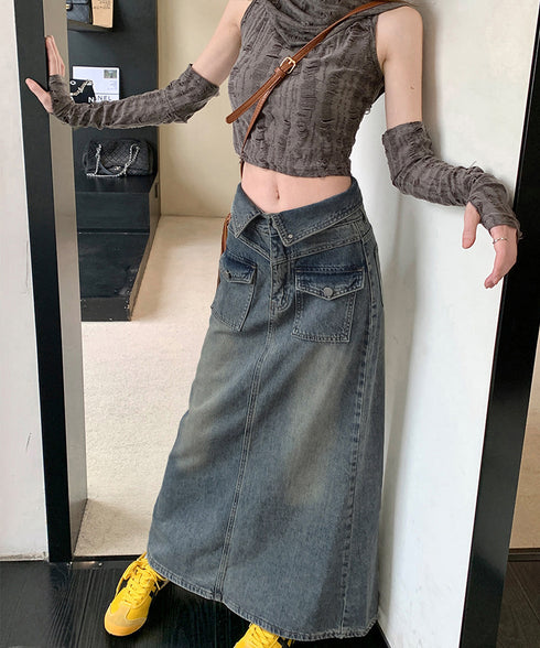 デニムマキシスカート バックスリット入り レディースロングスカート ウエスト折り返し Aライン レトロデニムスカート 美脚脚長春夏秋冬 ヴィンテージウォッシュ加工 6LYUAN-001