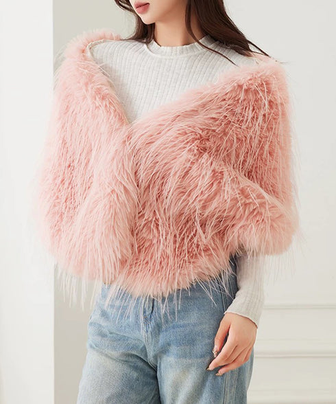 ファーケープ ファーショール 防寒肩掛け エコファーボレロケープ韓国風 ボリュームファーポンチョレディース きれいめドレスケープ 暖かい 結婚式ストールパーティー 6MEIZIMENG-001