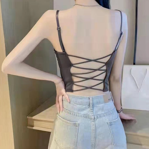カップ付き キャミソール クロス2way レディース バックレースアップ キャミソール 人気 重ね着 セクシー下着 肌着 ブラキャミ ヨガキャミ 肩紐調節可能 6MLN-002