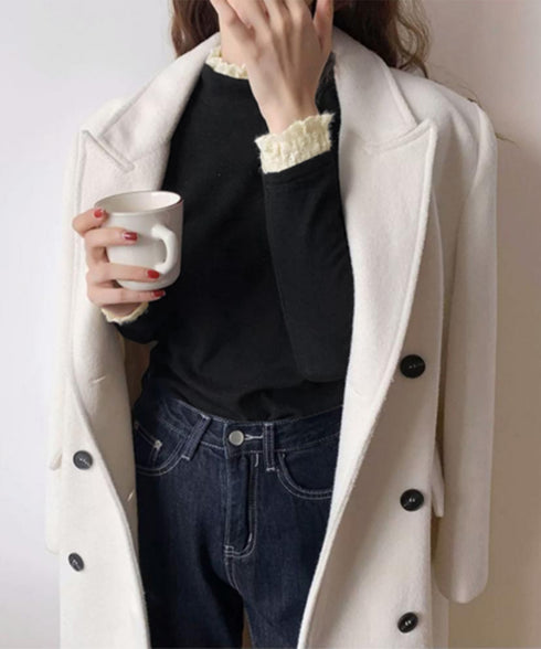 レースフリル付きハイネックリブニットソー きれいめドッキングニット大人可愛い 切替ニットトップスレディース シンプルニットお洒落 メロウフリルインナートップス長袖 6MOUHE-001