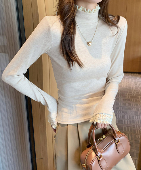 レースフリル付きハイネックリブニットソー きれいめドッキングニット大人可愛い 切替ニットトップスレディース シンプルニットお洒落 メロウフリルインナートップス長袖 6MOUHE-001