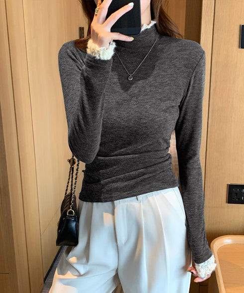 レースフリル付きハイネックリブニットソー きれいめドッキングニット大人可愛い 切替ニットトップスレディース シンプルニットお洒落 メロウフリルインナートップス長袖 6MOUHE-001