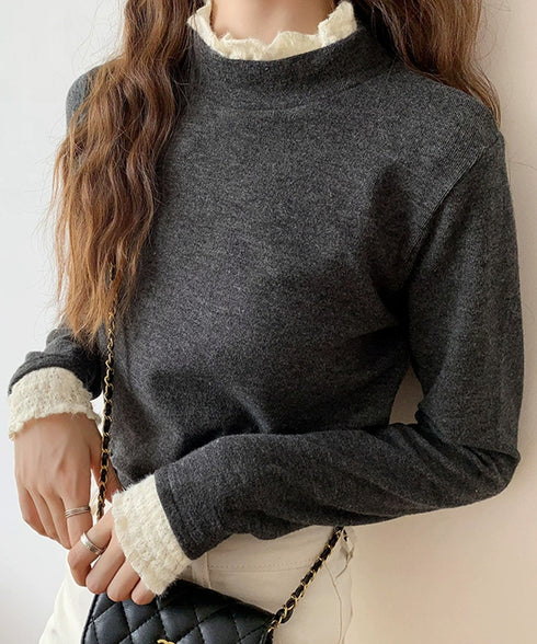 レースフリル付きハイネックリブニットソー きれいめドッキングニット大人可愛い 切替ニットトップスレディース シンプルニットお洒落 メロウフリルインナートップス長袖 6MOUHE-001