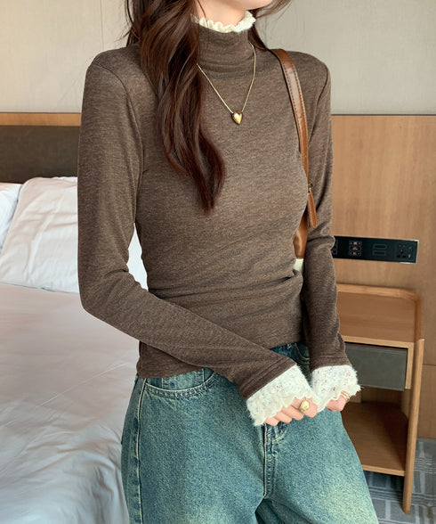 レースフリル付きハイネックリブニットソー きれいめドッキングニット大人可愛い 切替ニットトップスレディース シンプルニットお洒落 メロウフリルインナートップス長袖 6MOUHE-001
