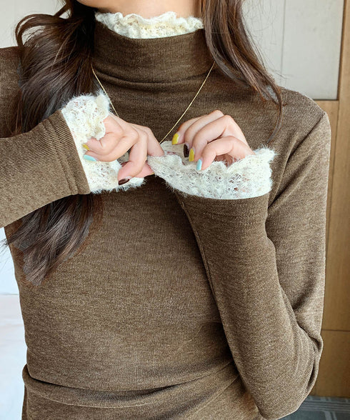 レースフリル付きハイネックリブニットソー きれいめドッキングニット大人可愛い 切替ニットトップスレディース シンプルニットお洒落 メロウフリルインナートップス長袖 6MOUHE-001