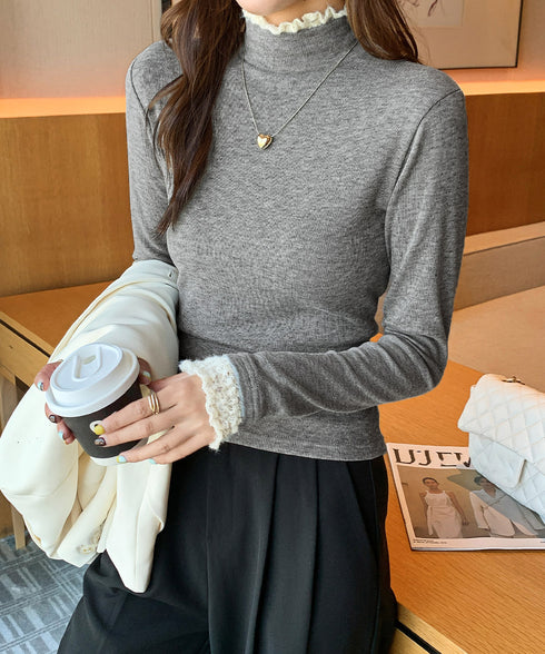 レースフリル付きハイネックリブニットソー きれいめドッキングニット大人可愛い 切替ニットトップスレディース シンプルニットお洒落 メロウフリルインナートップス長袖 6MOUHE-001