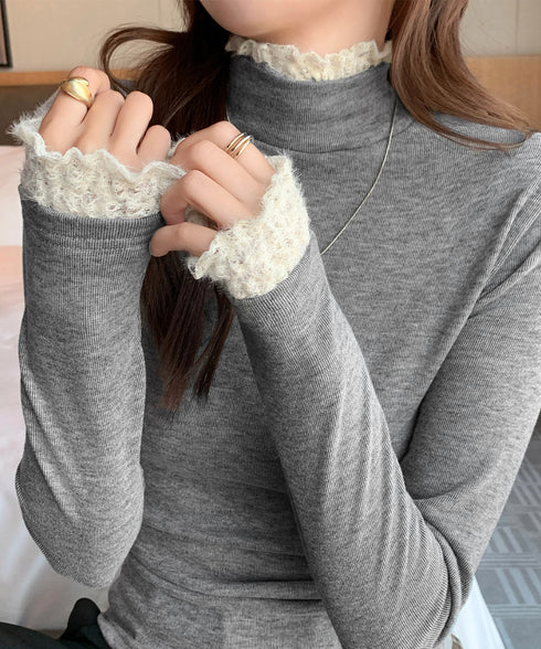 レースフリル付きハイネックリブニットソー きれいめドッキングニット大人可愛い 切替ニットトップスレディース シンプルニットお洒落 メロウフリルインナートップス長袖 6MOUHE-001