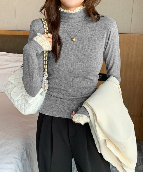 レースフリル付きハイネックリブニットソー きれいめドッキングニット大人可愛い 切替ニットトップスレディース シンプルニットお洒落 メロウフリルインナートップス長袖 6MOUHE-001