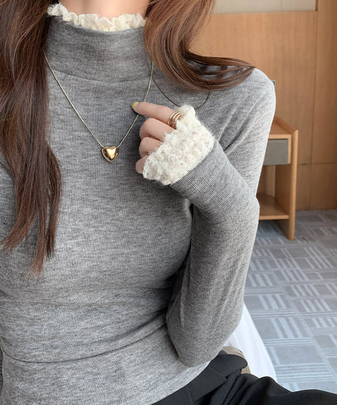 レースフリル付きハイネックリブニットソー きれいめドッキングニット大人可愛い 切替ニットトップスレディース シンプルニットお洒落 メロウフリルインナートップス長袖 6MOUHE-001