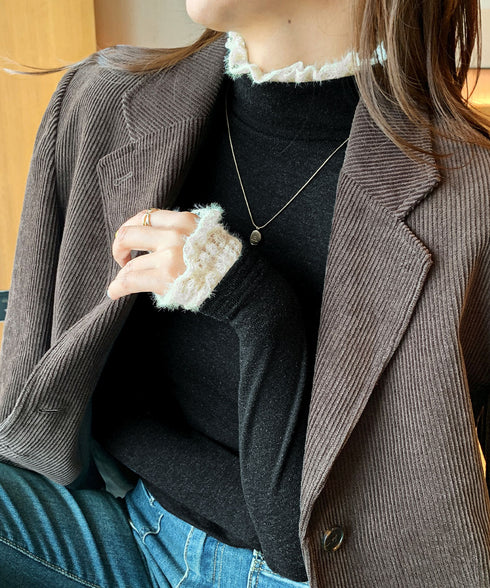 レースフリル付きハイネックリブニットソー きれいめドッキングニット大人可愛い 切替ニットトップスレディース シンプルニットお洒落 メロウフリルインナートップス長袖 6MOUHE-001