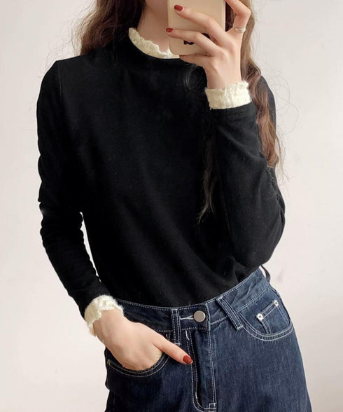 レースフリル付きハイネックリブニットソー きれいめドッキングニット大人可愛い 切替ニットトップスレディース シンプルニットお洒落 メロウフリルインナートップス長袖 6MOUHE-001