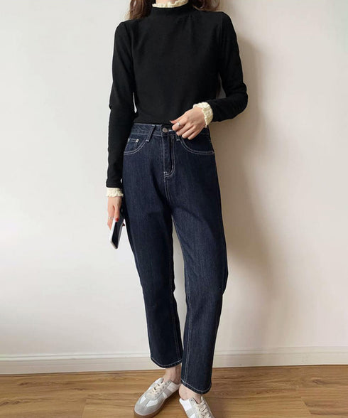 レースフリル付きハイネックリブニットソー きれいめドッキングニット大人可愛い 切替ニットトップスレディース シンプルニットお洒落 メロウフリルインナートップス長袖 6MOUHE-001