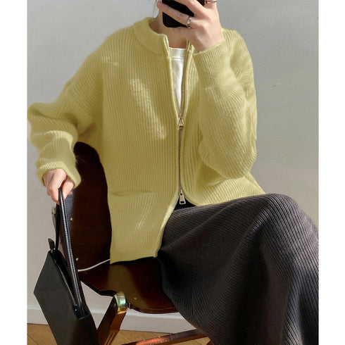 ニットカーディガン ジップアップアウター レディース ダブルジップ 秋冬ニットトップス 前開き 無地ニットセーター おしゃれ 長袖 ニット羽織り カジュアル 韓国 6MRENJ-005