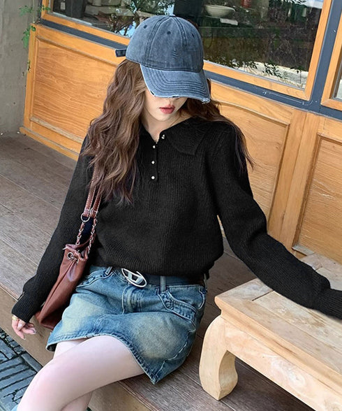 ポロカラーニットトップス ゴールドボタン ニットウェアレディース オフィスカジュアル 着回しニットセーター きれいめ ニットプルオーバー おしゃれ 長袖 春秋冬服 6MRENJ-012