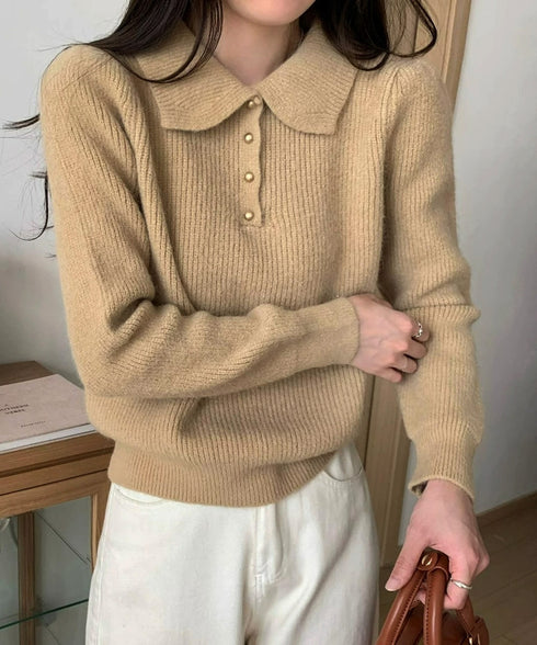 ポロカラーニットトップス ゴールドボタン ニットウェアレディース オフィスカジュアル 着回しニットセーター きれいめ ニットプルオーバー おしゃれ 長袖 春秋冬服 6MRENJ-012
