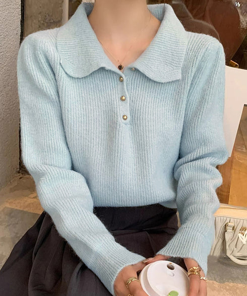 ポロカラーニットトップス ゴールドボタン ニットウェアレディース オフィスカジュアル 着回しニットセーター きれいめ ニットプルオーバー おしゃれ 長袖 春秋冬服 6MRENJ-012