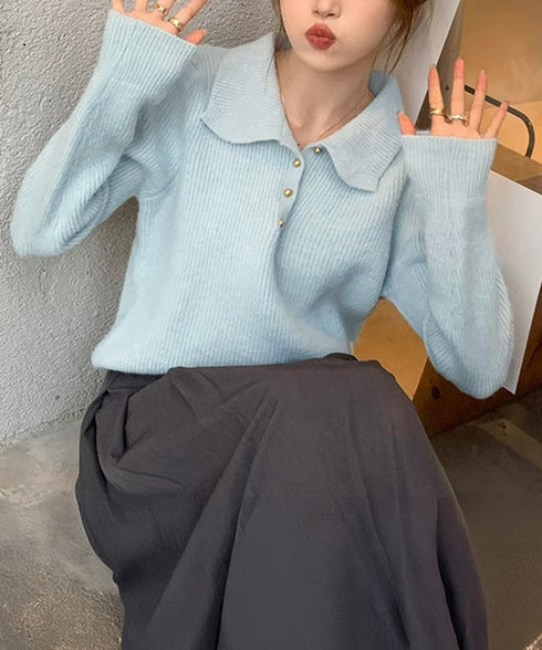 ポロカラーニットトップス ゴールドボタン ニットウェアレディース オフィスカジュアル 着回しニットセーター きれいめ ニットプルオーバー おしゃれ 長袖 春秋冬服 6MRENJ-012