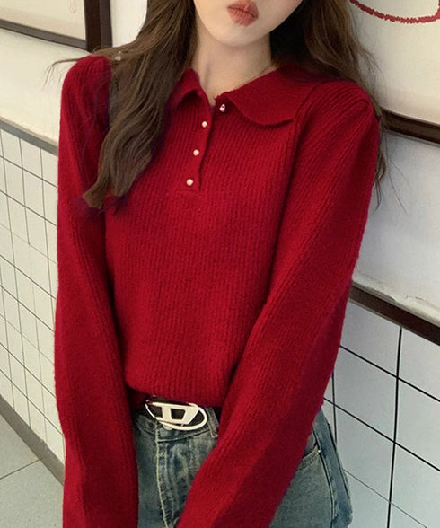 ポロカラーニットトップス ゴールドボタン ニットウェアレディース オフィスカジュアル 着回しニットセーター きれいめ ニットプルオーバー おしゃれ 長袖 春秋冬服 6MRENJ-012
