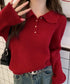 ポロカラーニットトップス ゴールドボタン ニットウェアレディース オフィスカジュアル 着回しニットセーター きれいめ ニットプルオーバー おしゃれ 長袖 春秋冬服 6MRENJ-012