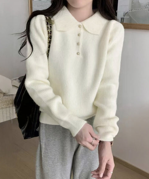 ポロカラーニットトップス ゴールドボタン ニットウェアレディース オフィスカジュアル 着回しニットセーター きれいめ ニットプルオーバー おしゃれ 長袖 春秋冬服 6MRENJ-012