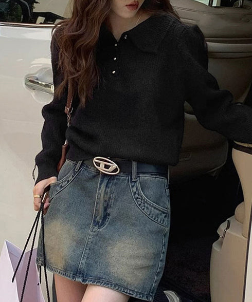 ポロカラーニットトップス ゴールドボタン ニットウェアレディース オフィスカジュアル 着回しニットセーター きれいめ ニットプルオーバー おしゃれ 長袖 春秋冬服 6MRENJ-012