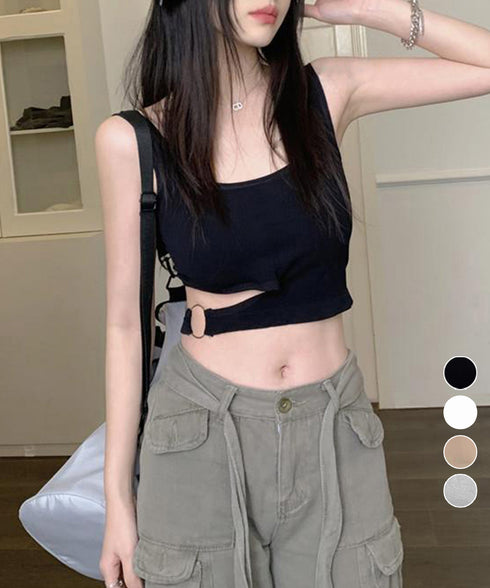 タンクトップレディース カップ付きタンク サイドカットアウト タンクトップ ショート丈 インナートップス 韓国 見せインナー カジュアル重ね着 へそ出し セクシー 6MYAXIN-002