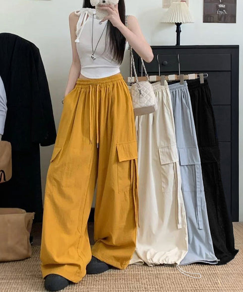 ワイドカーゴパンツパラシュートパンツ軽量 レディース ハイウエストナイロンワイドパンツ 韓国風ワークパンツ ウエストゴムジョガーパンツカジュアルイージーパンツ薄手 6QIANYING-001