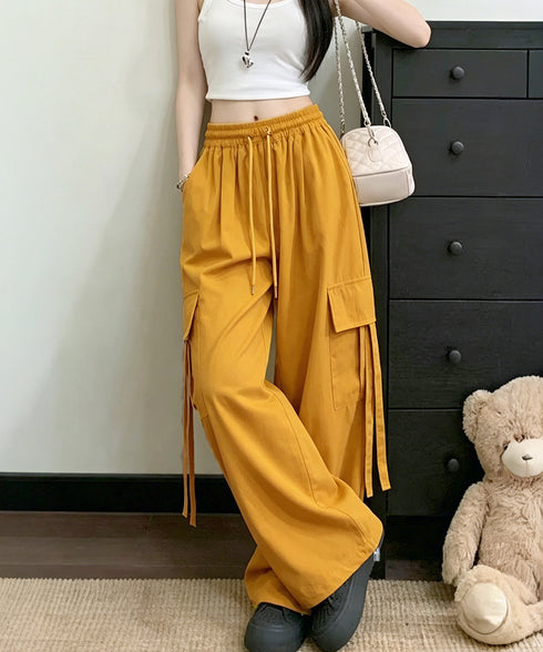 ワイドカーゴパンツパラシュートパンツ軽量 レディース ハイウエストナイロンワイドパンツ 韓国風ワークパンツ ウエストゴムジョガーパンツカジュアルイージーパンツ薄手 6QIANYING-001