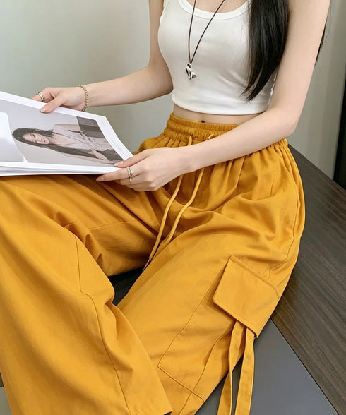 ワイドカーゴパンツパラシュートパンツ軽量 レディース ハイウエストナイロンワイドパンツ 韓国風ワークパンツ ウエストゴムジョガーパンツカジュアルイージーパンツ薄手 6QIANYING-001