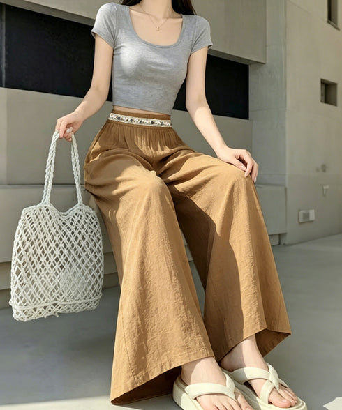 リゾートワイドパンツガウチョフレアパンツ ロングパンツレディース リラックスイージーパンツ 脚長落ち感パンツゆったり 春夏トレンド 涼しげパンツ ウエストゴム薄手 6QIANYING-002
