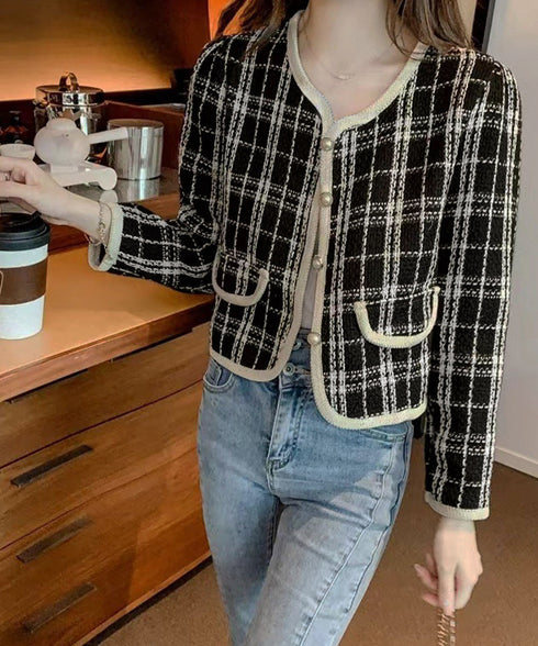 韓国風ツイードジャケット ライトアウター チェック柄ショートジャケットレディース カジュアル春秋上着 おしゃれ きれいめ 通勤服OL羽織り 着やせアウター 細見え 6QINGROU-002