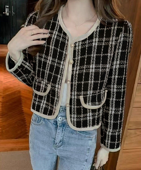 韓国風ツイードジャケット ライトアウター チェック柄ショートジャケットレディース カジュアル春秋上着 おしゃれ きれいめ 通勤服OL羽織り 着やせアウター 細見え 6QINGROU-002