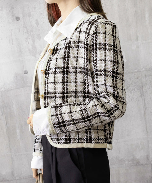 韓国風ツイードジャケット ライトアウター チェック柄ショートジャケットレディース カジュアル春秋上着 おしゃれ きれいめ 通勤服OL羽織り 着やせアウター 細見え 6QINGROU-002