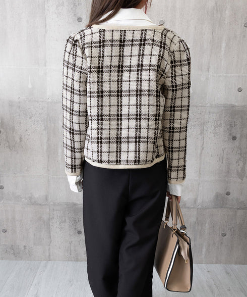 韓国風ツイードジャケット ライトアウター チェック柄ショートジャケットレディース カジュアル春秋上着 おしゃれ きれいめ 通勤服OL羽織り 着やせアウター 細見え 6QINGROU-002