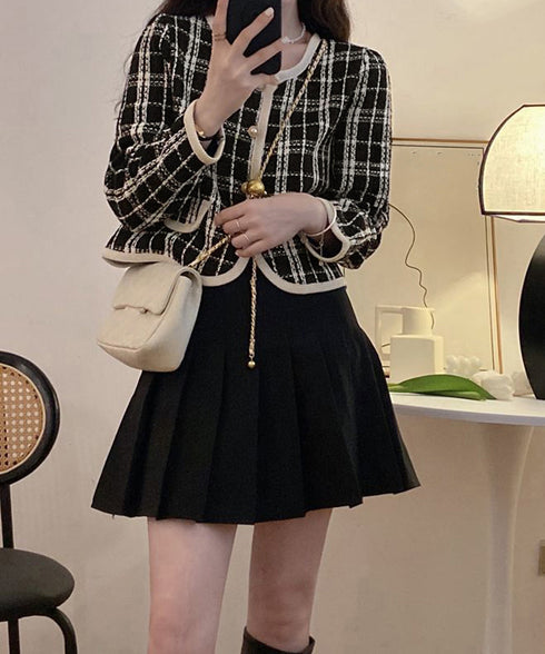 韓国風ツイードジャケット ライトアウター チェック柄ショートジャケットレディース カジュアル春秋上着 おしゃれ きれいめ 通勤服OL羽織り 着やせアウター 細見え 6QINGROU-002