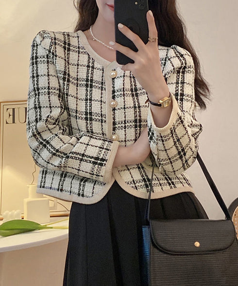 韓国風ツイードジャケット ライトアウター チェック柄ショートジャケットレディース カジュアル春秋上着 おしゃれ きれいめ 通勤服OL羽織り 着やせアウター 細見え 6QINGROU-002