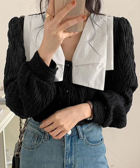 ビッグカラー ワッシャーブラウス 韓国風 ビッグリボン襟ブラウス レディース Vネックシャツブラウス 大人可愛い おしゃれプリーツブラウス上品清楚 パフ袖トップス 6QINGROU-003