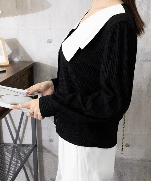 ビッグカラー ワッシャーブラウス 韓国風 ビッグリボン襟ブラウス レディース Vネックシャツブラウス 大人可愛い おしゃれプリーツブラウス上品清楚 パフ袖トップス 6QINGROU-003