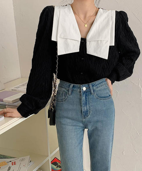 ビッグカラー ワッシャーブラウス 韓国風 ビッグリボン襟ブラウス レディース Vネックシャツブラウス 大人可愛い おしゃれプリーツブラウス上品清楚 パフ袖トップス 6QINGROU-003