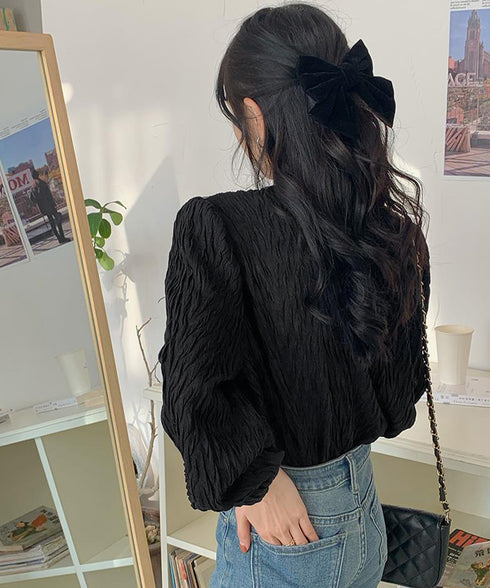 ビッグカラー ワッシャーブラウス 韓国風 ビッグリボン襟ブラウス レディース Vネックシャツブラウス 大人可愛い おしゃれプリーツブラウス上品清楚 パフ袖トップス 6QINGROU-003