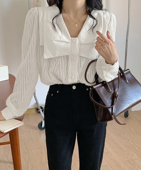 ビッグカラー ワッシャーブラウス 韓国風 ビッグリボン襟ブラウス レディース Vネックシャツブラウス 大人可愛い おしゃれプリーツブラウス上品清楚 パフ袖トップス 6QINGROU-003