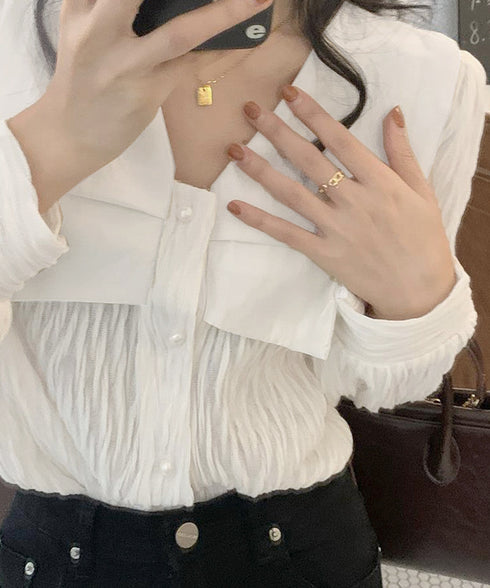 ビッグカラー ワッシャーブラウス 韓国風 ビッグリボン襟ブラウス レディース Vネックシャツブラウス 大人可愛い おしゃれプリーツブラウス上品清楚 パフ袖トップス 6QINGROU-003