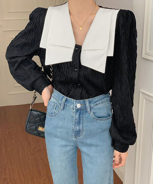 ビッグカラー ワッシャーブラウス 韓国風 ビッグリボン襟ブラウス レディース Vネックシャツブラウス 大人可愛い おしゃれプリーツブラウス上品清楚 パフ袖トップス 6QINGROU-003