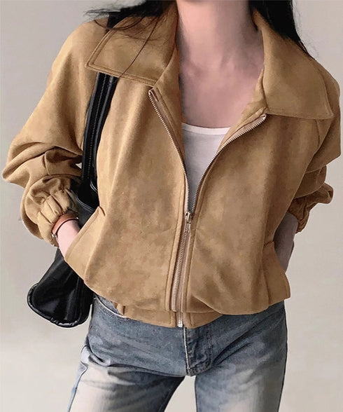 スエード調ジャケット韓国風ライトアウター 襟付きジップジャケットレディース 秋冬 レトロ ショート丈ブルゾンジャケット カジュアル おしゃれジャンパーゆったり秋服 6QINGROU-005