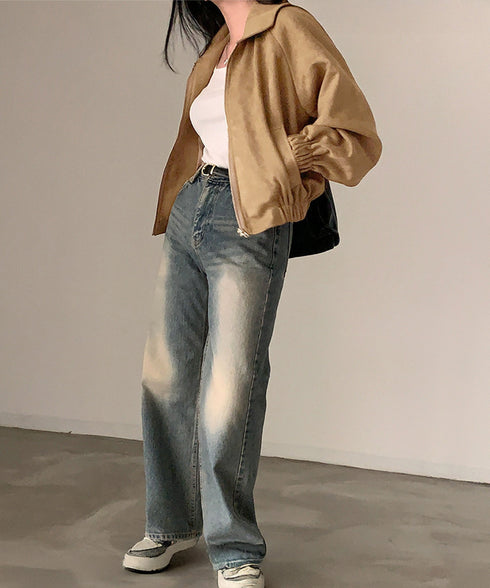 スエード調ジャケット韓国風ライトアウター 襟付きジップジャケットレディース 秋冬 レトロ ショート丈ブルゾンジャケット カジュアル おしゃれジャンパーゆったり秋服 6QINGROU-005