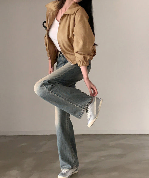 スエード調ジャケット韓国風ライトアウター 襟付きジップジャケットレディース 秋冬 レトロ ショート丈ブルゾンジャケット カジュアル おしゃれジャンパーゆったり秋服 6QINGROU-005