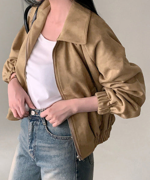 スエード調ジャケット韓国風ライトアウター 襟付きジップジャケットレディース 秋冬 レトロ ショート丈ブルゾンジャケット カジュアル おしゃれジャンパーゆったり秋服 6QINGROU-005