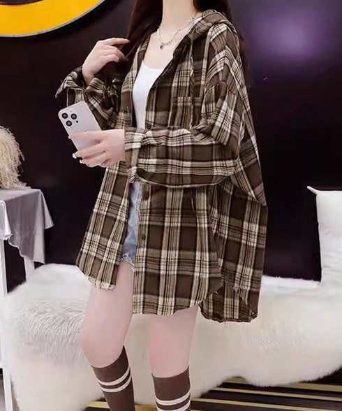 フード付き チェックシャツオーバーサイズ BIGフードシャツ レディース ゆったりレトロ シャツブラウスこなれ感 フーデッドシャツ カジュアル 体型カバートップス 6QINGROU-007